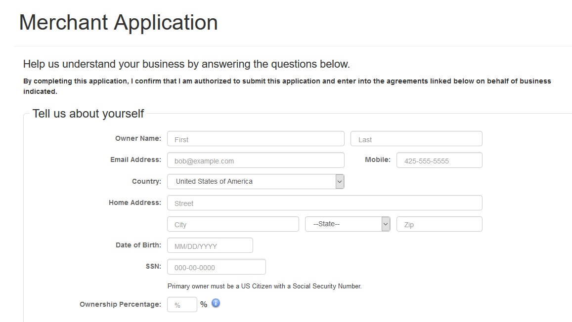 Authorize.net application form screenshot