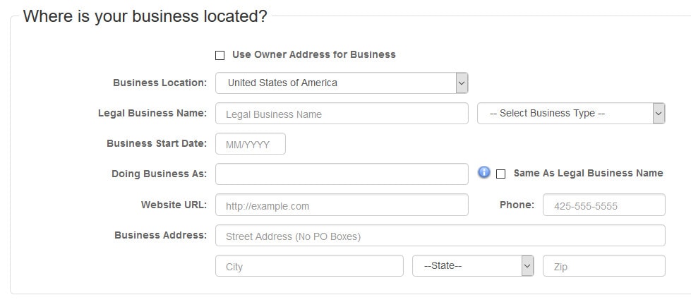 Authorize.net merchant application form screenshot