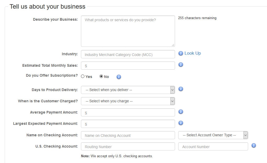 Authorize.net merchant application screenshot
