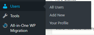 Users menu option in WordPress