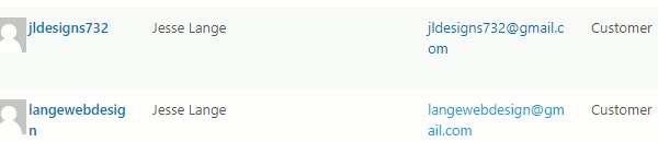 Customers in the wordpress user section